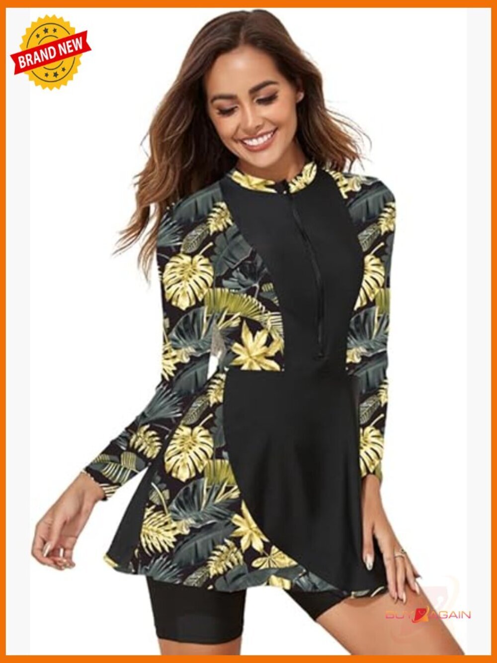 Long Sleeve Floral One Piece Swimsuit with Shorts Sun Protection Rash Guard